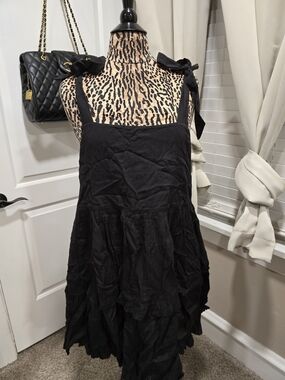 aerie Black Tie-Shoulder Tiered Swim Coverup Dress